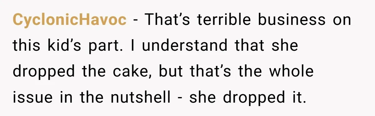 CyclonicHavoc − That’s terrible business on this kid’s part. I understand that she dropped the cake, but that’s the whole issue in the nutshell - she dropped it.
