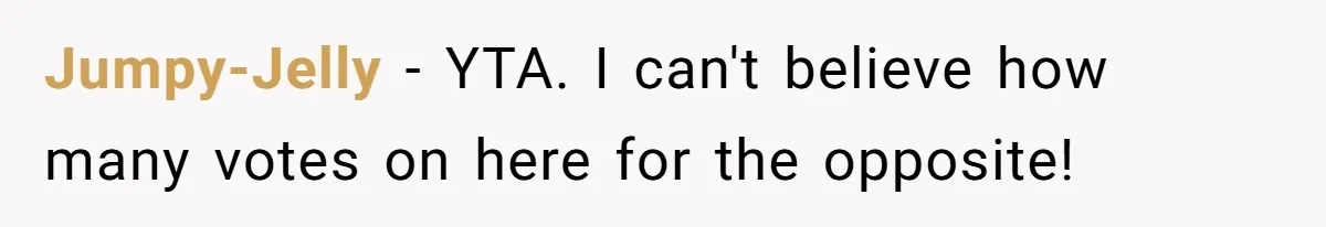 Jumpy-Jelly − YTA. I can't believe how many votes on here for the opposite!
