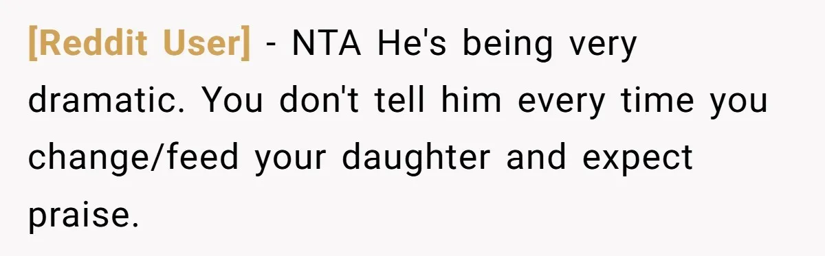 [Reddit User] − NTA He's being very dramatic. You don't tell him every time you change/feed your daughter and expect praise.
