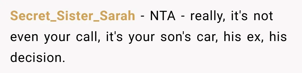 Secret_Sister_Sarah − NTA - really, it's not even your call, it's your son's car, his ex, his decision.