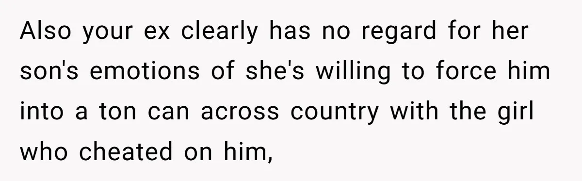 Also your ex clearly has no regard for her son's emotions of she's willing to force him into a ton can across country with the girl who cheated on him,