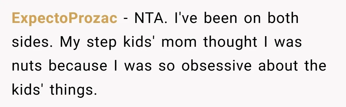 ExpectoProzac − NTA. I've been on both sides. My step kids' mom thought I was nuts because I was so obsessive about the kids' things.