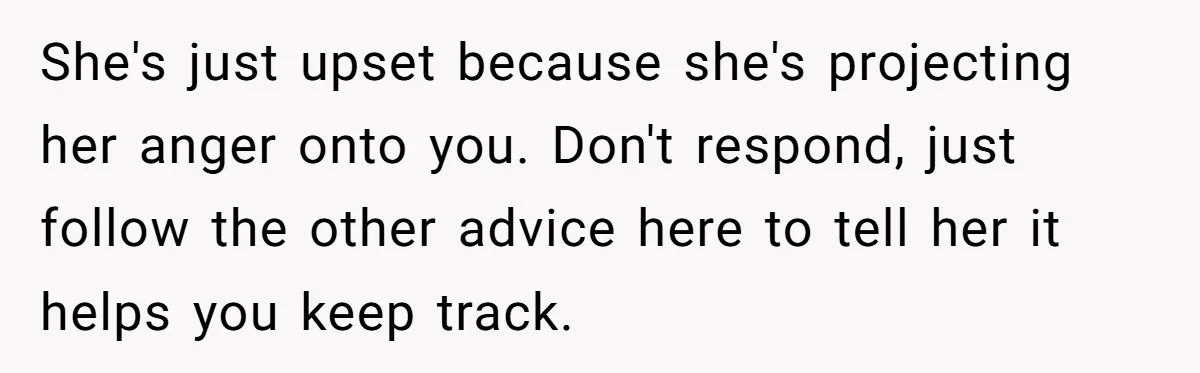 She's just upset because she's projecting her anger onto you. Don't respond, just follow the other advice here to tell her it helps you keep track.