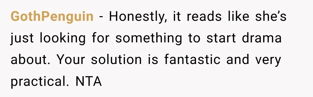 GothPenguin − Honestly, it reads like she’s just looking for something to start drama about. Your solution is fantastic and very practical. NTA