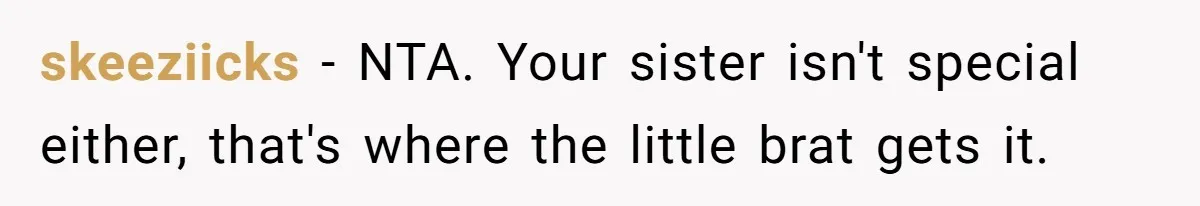 skeeziicks − NTA. Your sister isn't special either, that's where the little brat gets it.