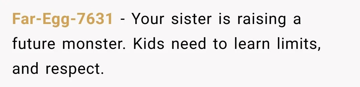 Far-Egg-7631 − Your sister is raising a future monster. Kids need to learn limits, and respect.