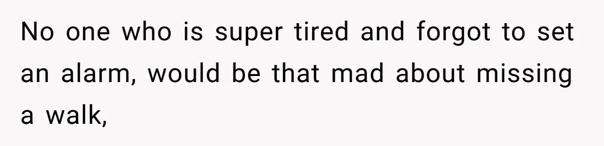 No one who is super tired and forgot to set an alarm, would be that mad about missing a walk,