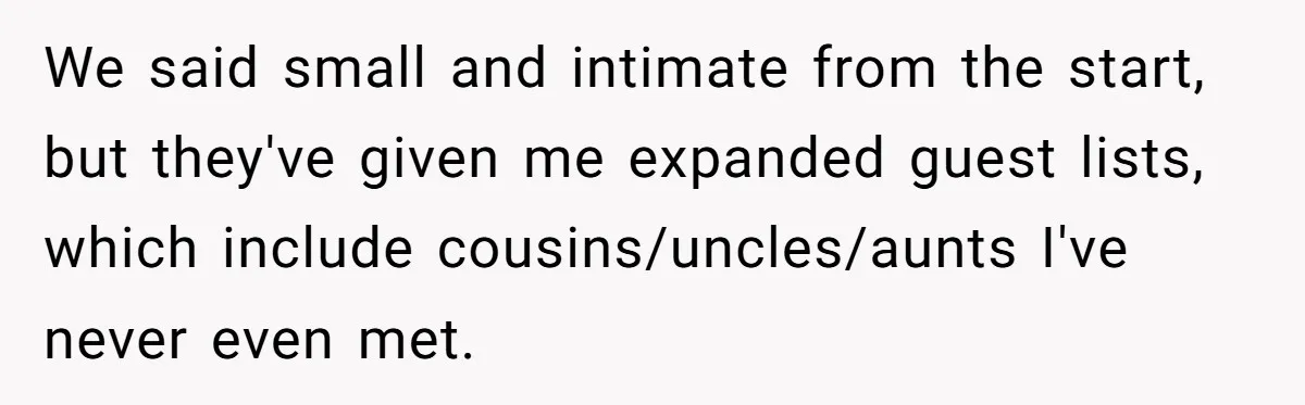 We said small and intimate from the start, but they've given me expanded guest lists, which include cousins/uncles/aunts I've never even met.