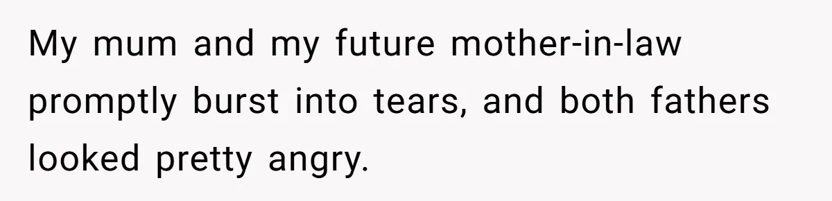 My mum and my future mother-in-law promptly burst into tears, and both fathers looked pretty angry.