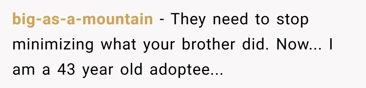 big-as-a-mountain − They need to stop minimizing what your brother did. Now... I am a 43 year old adoptee...