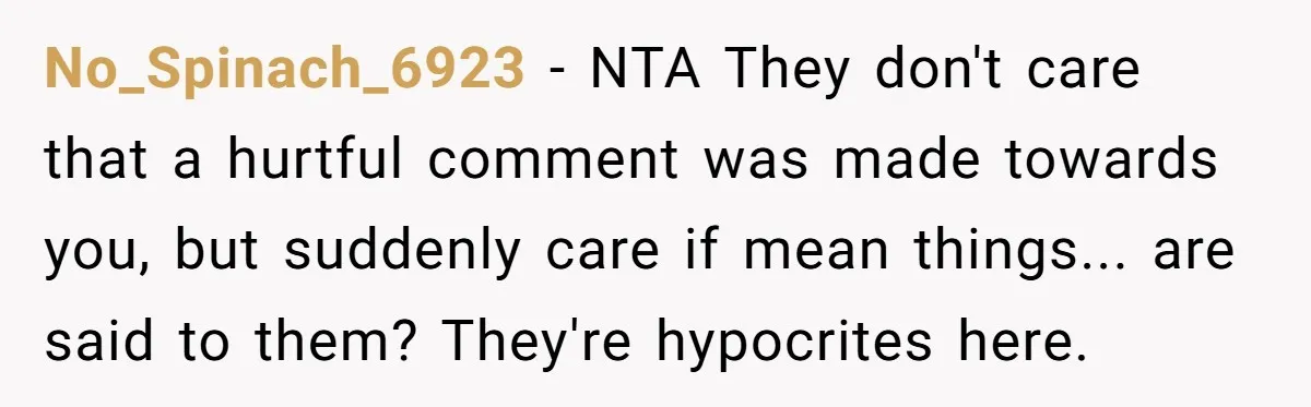No_Spinach_6923 − NTA They don't care that a hurtful comment was made towards you, but suddenly care if mean things... are said to them? They're hypocrites here.