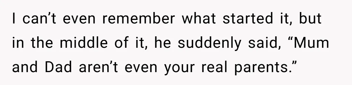 I can’t even remember what started it, but in the middle of it, he suddenly said, “Mum and Dad aren’t even your real parents.”
