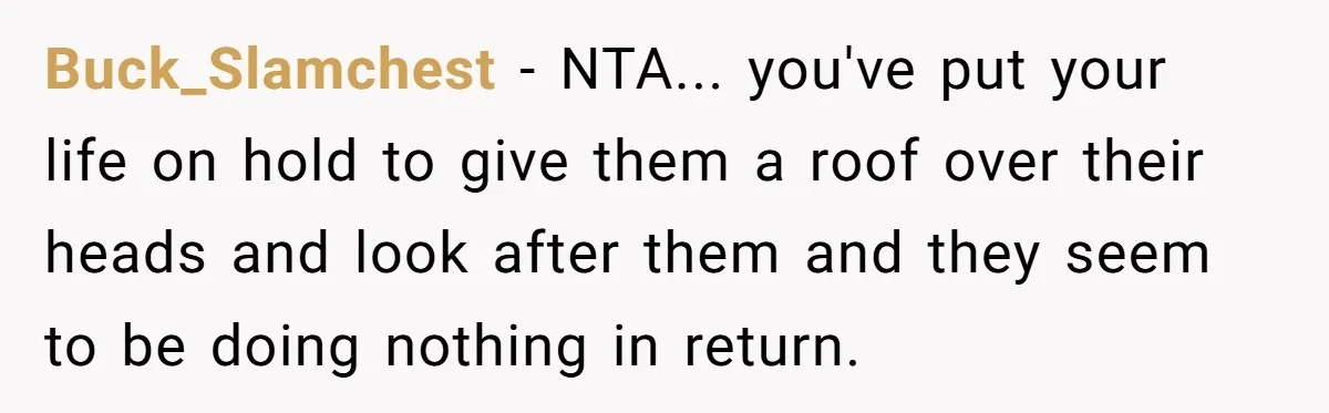 Buck_Slamchest − NTA... you've put your life on hold to give them a roof over their heads and look after them and they seem to be doing nothing in return.
