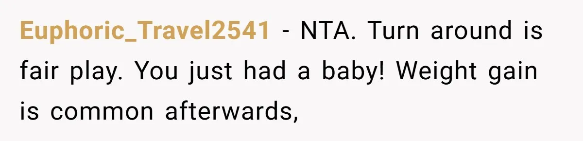 Euphoric_Travel2541 − NTA. Turn around is fair play. You just had a baby! Weight gain is common afterwards,