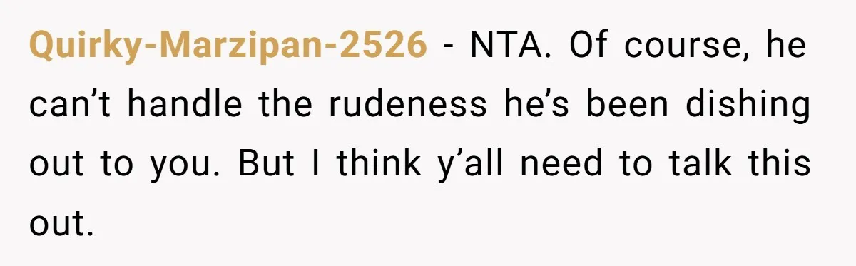 Quirky-Marzipan-2526 − NTA. Of course, he can’t handle the rudeness he’s been dishing out to you. But I think y’all need to talk this out.