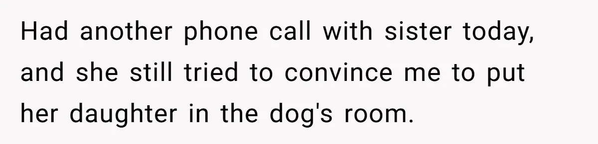 Had another phone call with sister today, and she still tried to convince me to put her daughter in the dog's room.