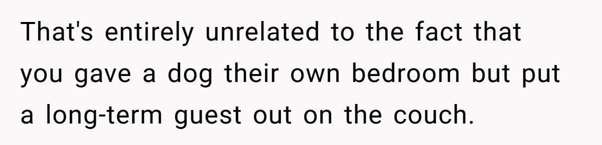 That's entirely unrelated to the fact that you gave a dog their own bedroom but put a long-term guest out on the couch.