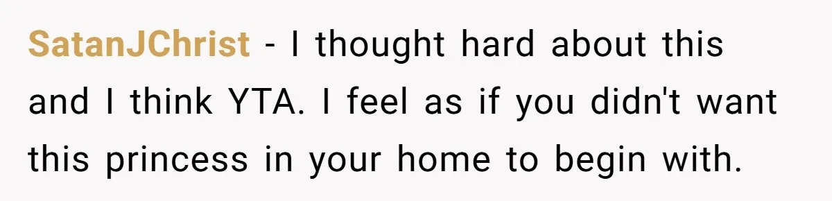 SatanJChrist − I thought hard about this and I think YTA. I feel as if you didn't want this princess in your home to begin with.