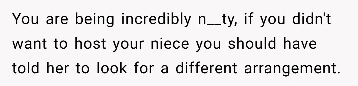You are being incredibly n__ty, if you didn't want to host your niece you should have told her to look for a different arrangement.