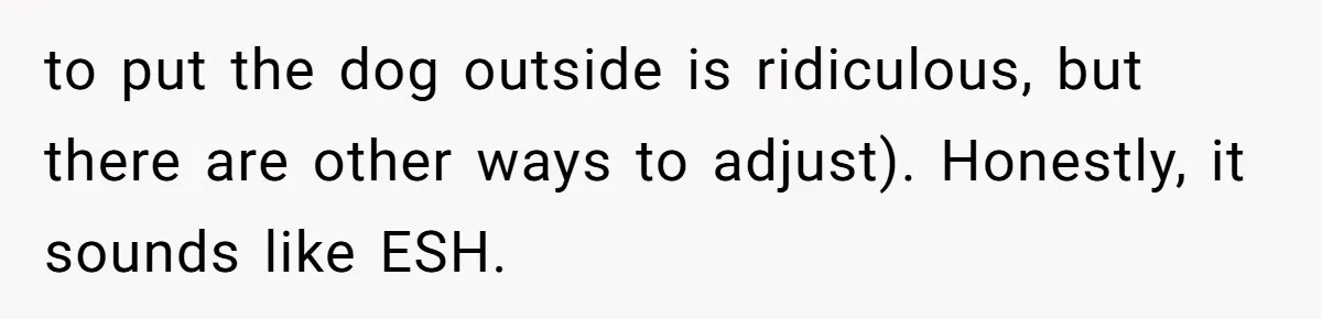 to put the dog outside is ridiculous, but there are other ways to adjust). Honestly, it sounds like ESH.