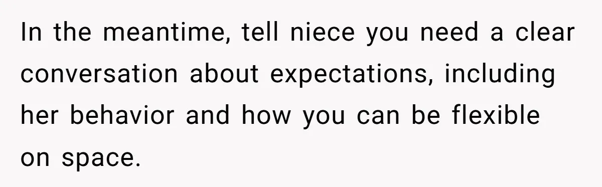 In the meantime, tell niece you need a clear conversation about expectations, including her behavior and how you can be flexible on space.