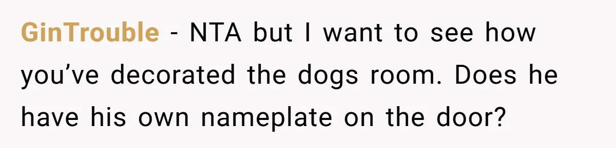 GinTrouble − NTA but I want to see how you’ve decorated the dogs room. Does he have his own nameplate on the door?