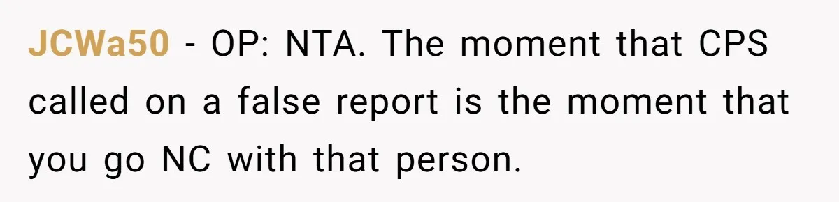 JCWa50 − OP: NTA. The moment that CPS called on a false report is the moment that you go NC with that person.
