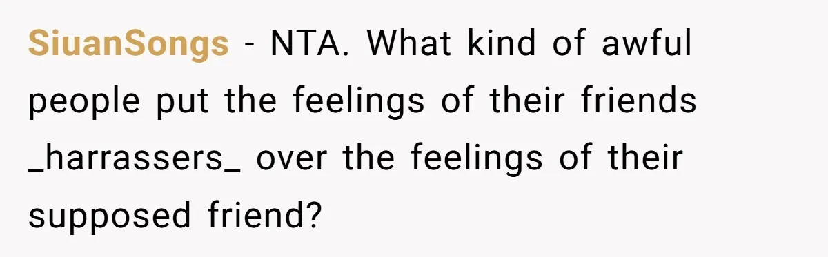 SiuanSongs − NTA. What kind of awful people put the feelings of their friends _harrassers_ over the feelings of their supposed friend?
