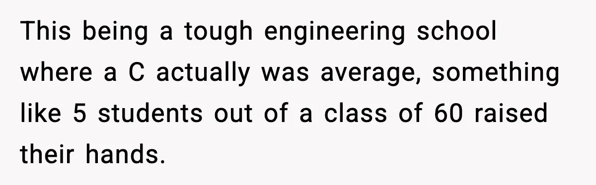 This being a tough engineering school where a C actually was average, something like 5 students out of a class of 60 raised their hands.