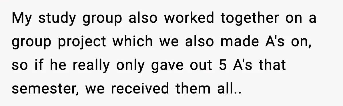 My study group also worked together on a group project which we also made A's on, so if he really only gave out 5 A's that semester, we received them...