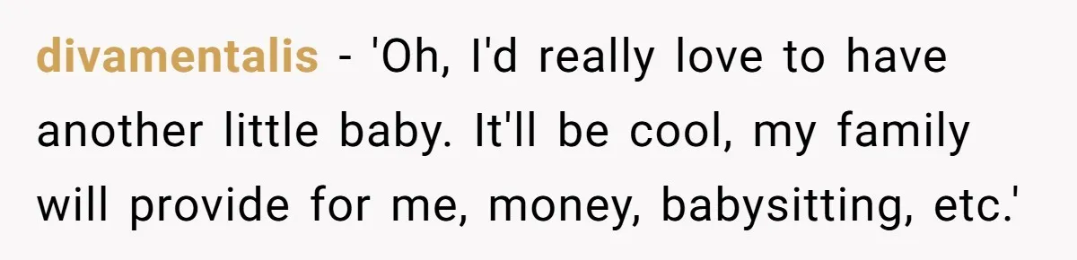 divamentalis − 'Oh, I'd really love to have another little baby. It'll be cool, my family will provide for me, money, babysitting, etc.'