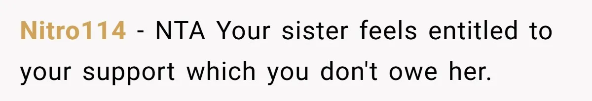 Nitro114 − NTA Your sister feels entitled to your support which you don't owe her.