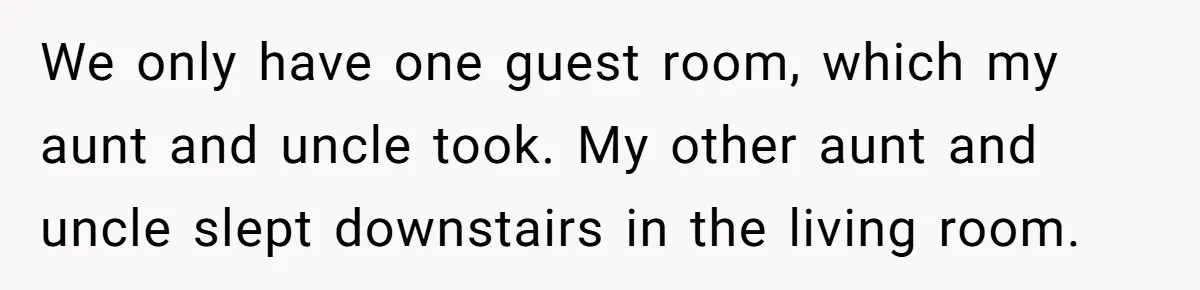 We only have one guest room, which my aunt and uncle took. My other aunt and uncle slept downstairs in the living room.