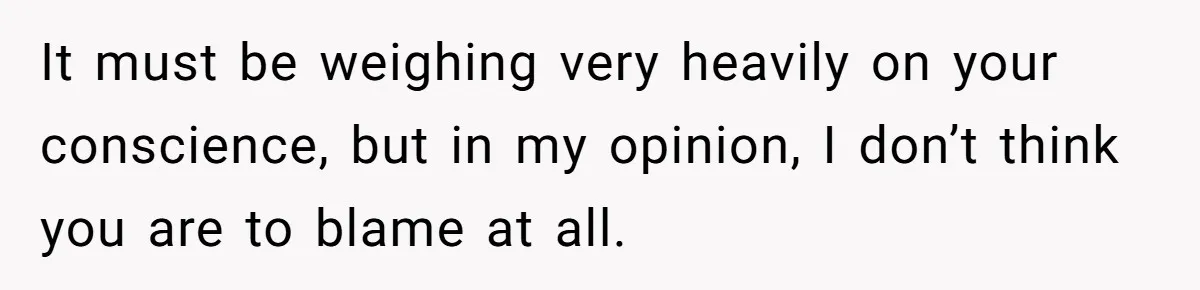 It must be weighing very heavily on your conscience, but in my opinion, I don’t think you are to blame at all.