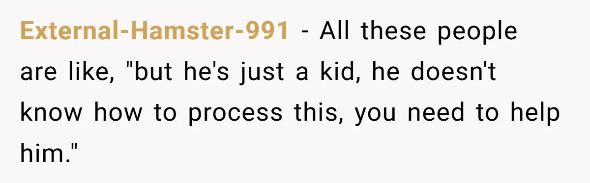 External-Hamster-991 − All these people are like, "but he's just a kid, he doesn't know how to process this, you need to help him."
