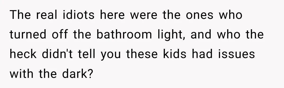 The real idiots here were the ones who turned off the bathroom light, and who the heck didn't tell you these kids had issues with the dark?