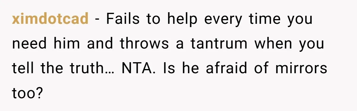 ximdotcad − Fails to help every time you need him and throws a tantrum when you tell the truth… NTA. Is he afraid of mirrors too?