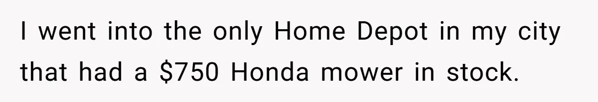 I went into the only Home Depot in my city that had a $750 Honda mower in stock.