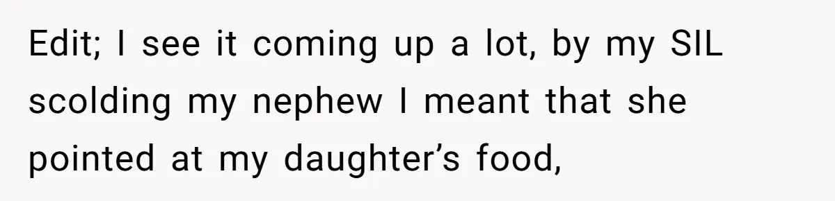 Edit; I see it coming up a lot, by my SIL scolding my nephew I meant that she pointed at my daughter’s food,