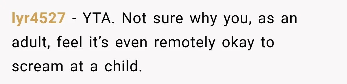 lyr4527 − YTA. Not sure why you, as an adult, feel it’s even remotely okay to scream at a child.
