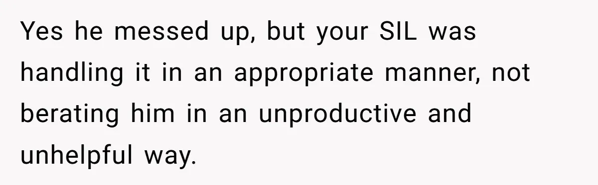 Yes he messed up, but your SIL was handling it in an appropriate manner, not berating him in an unproductive and unhelpful way.