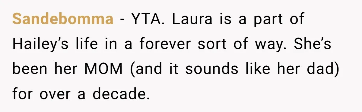 Sandebomma − YTA. Laura is a part of Hailey’s life in a forever sort of way. She’s been her MOM (and it sounds like her dad) for over a decade.