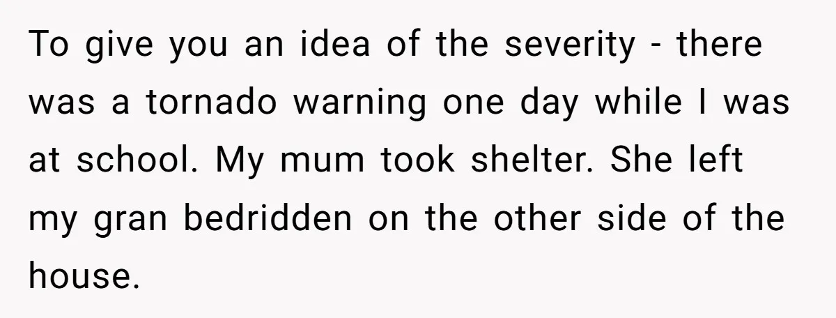 To give you an idea of the severity - there was a tornado warning one day while I was at school. My mum took shelter. She left my gran bedridden...