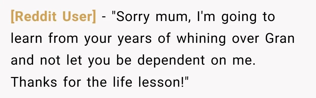 [Reddit User] − "Sorry mum, I'm going to learn from your years of whining over Gran and not let you be dependent on me. Thanks for the life lesson!"