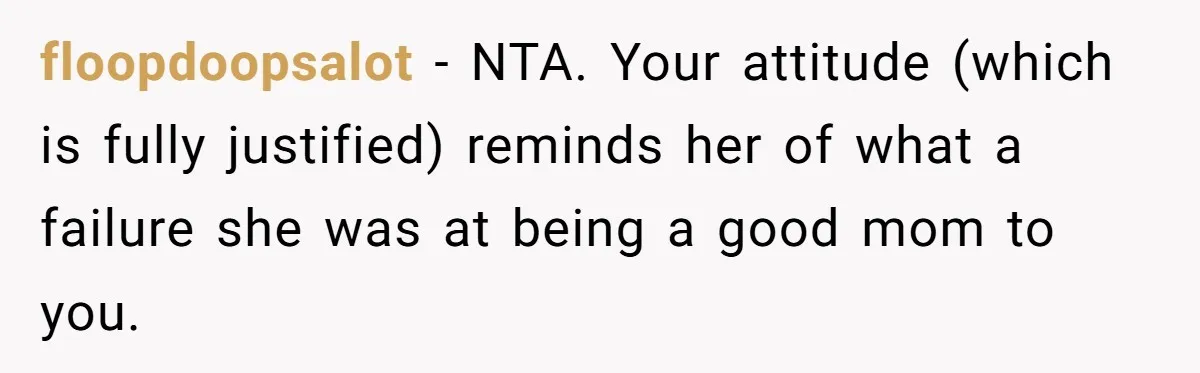 floopdoopsalot − NTA. Your attitude (which is fully justified) reminds her of what a failure she was at being a good mom to you.