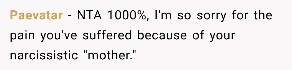 Paevatar − NTA 1000%, I'm so sorry for the pain you've suffered because of your narcissistic "mother."
