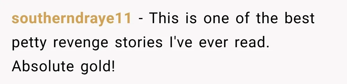 southerndraye11 − This is one of the best petty revenge stories I've ever read. Absolute gold!