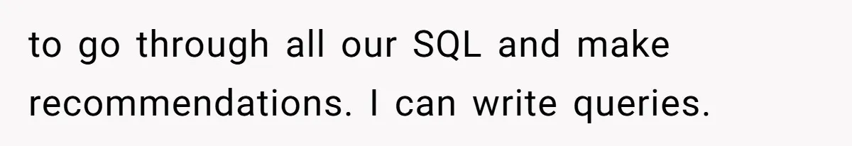 to go through all our SQL and make recommendations. I can write queries.