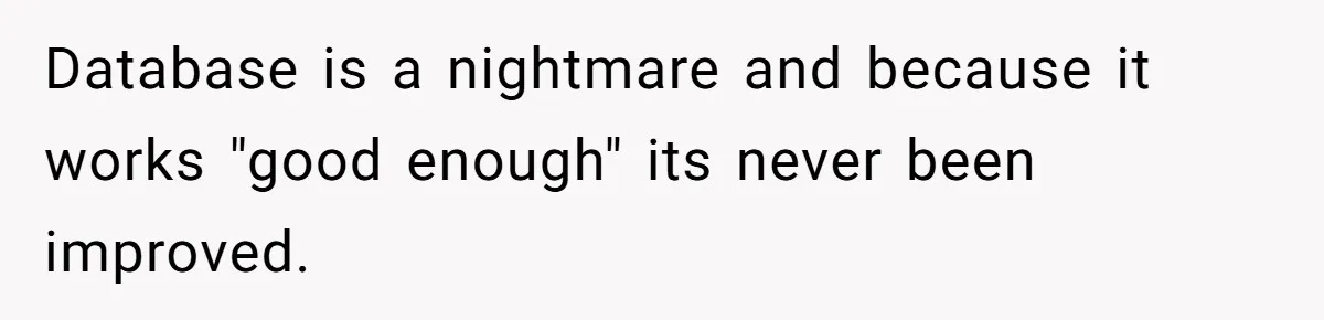 Database is a nightmare and because it works "good enough" its never been improved.