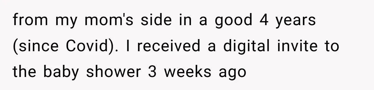 from my mom's side in a good 4 years (since Covid). I received a digital invite to the baby shower 3 weeks ago